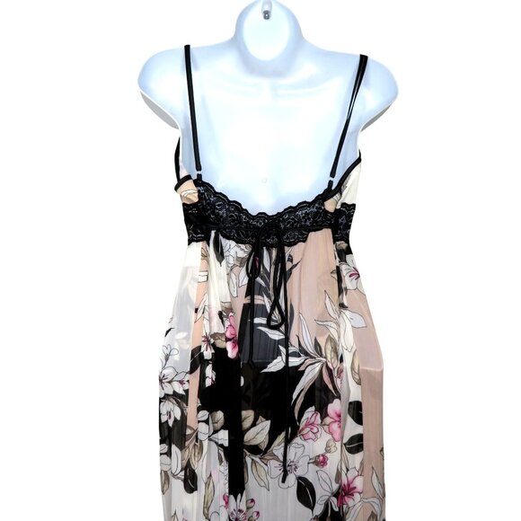 Linea Donatella Floral Chiffon Nightgown & Robe Set Lace Trim Black/Pink Medium - Picture 3 of 12